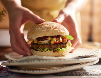 Amy's Black Bean Veggie Burger with Charred Corn Salsa and BBQ Halloumi