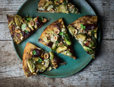 Brussels Sprouts, Cranberry and Hazelnut Pizza