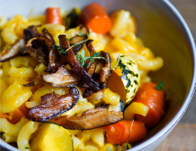 Vegan Rice Mac & Cheeze with Root Veggies and Mushroom Bacon