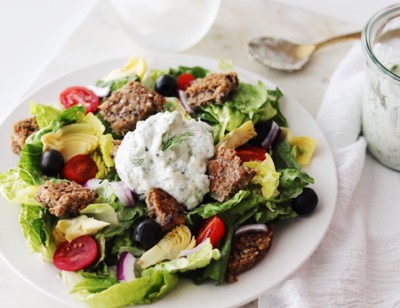 Vegan Gyro Salad with Dairy Free Tzatziki Sauce
