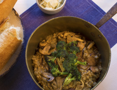 Mushroom Farrotto with Seared Cremini Mushrooms and Broccoli