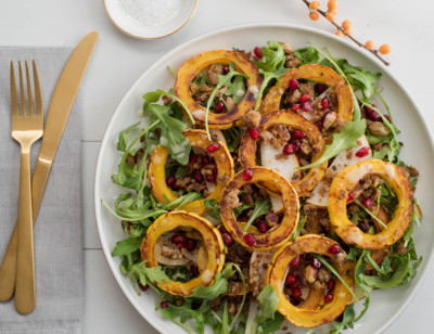Autumn Arugula Salad with Veggie Burger Crumbles