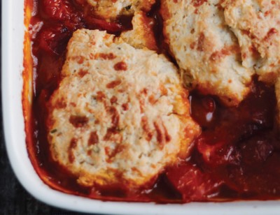 Savory Tomato Cobbler with Cheddar Herb Biscuit Topper