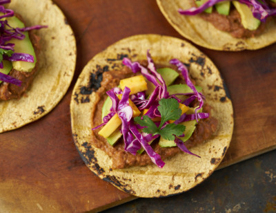 Refried Bean Tostadas with Tangy Mango Slaw